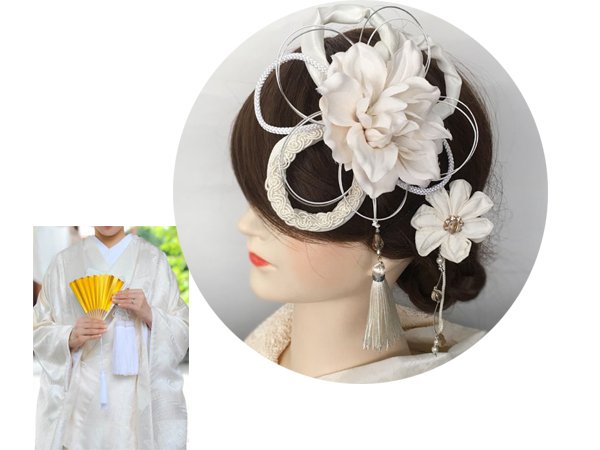 和装　髪飾り　結婚式（和婚）寿ヘッドドレス　純白の花嫁の美し花飾り