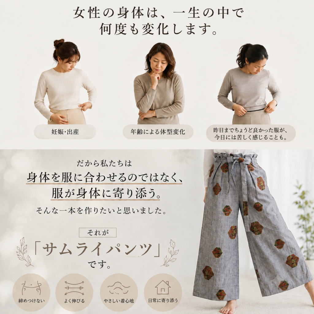 妊娠・出産・更年期などの女性の体型変化に寄り添う締め付けないパンツ「サムライパンツ」