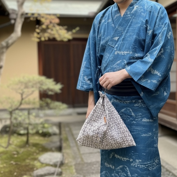 男性の着物や浴衣に似合う和柄あずま袋のコーディネートと持ち方