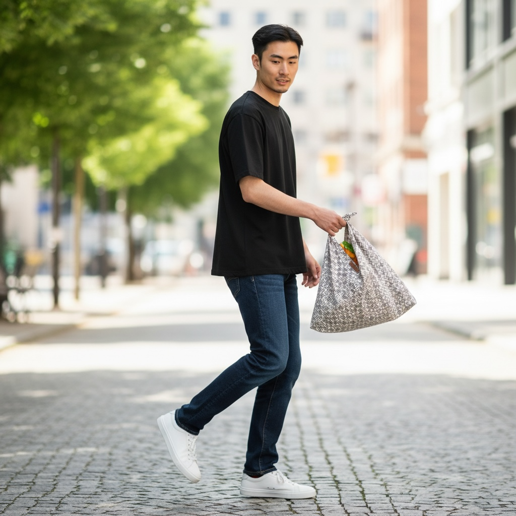 男性が日常の洋服に合わせてスマートに持つあずま袋のエコバッグ・買い物袋