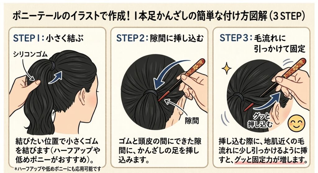 ポニーテールで使える「1本足かんざし」の簡単な付け方図解（STEP1：ゴムで小さく結ぶ、STEP2：ゴムと頭皮の隙間に斜め下に挿す、STEP3：地肌近くの毛束に引っかけ固定力を上げる）