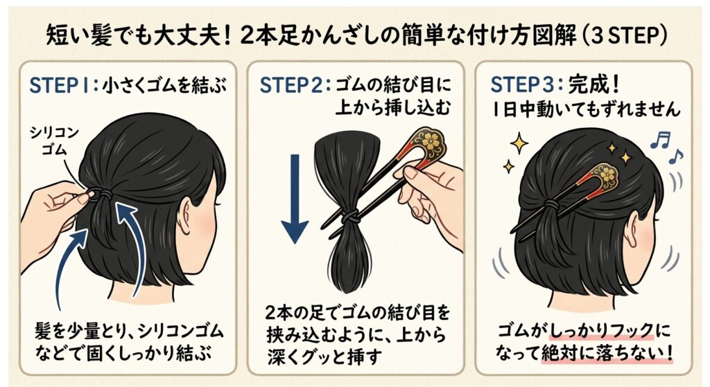 ショート・ボブの短い髪でも崩れない「2本足かんざし」の簡単な付け方解説図（STEP1：シリコンゴムで固く結ぶ、STEP2：ゴムの結び目に上から挿し込む、STEP3：固定完了で絶対に落ちない）