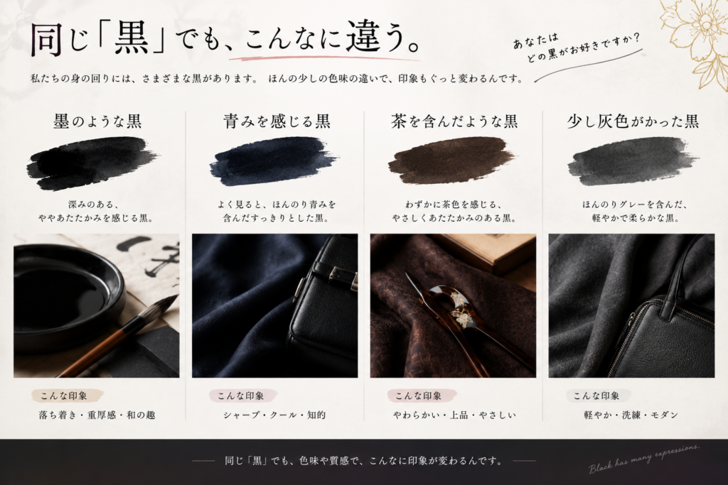 同じ黒でも、こんなに印象が違う、黒の色味・黒の質感